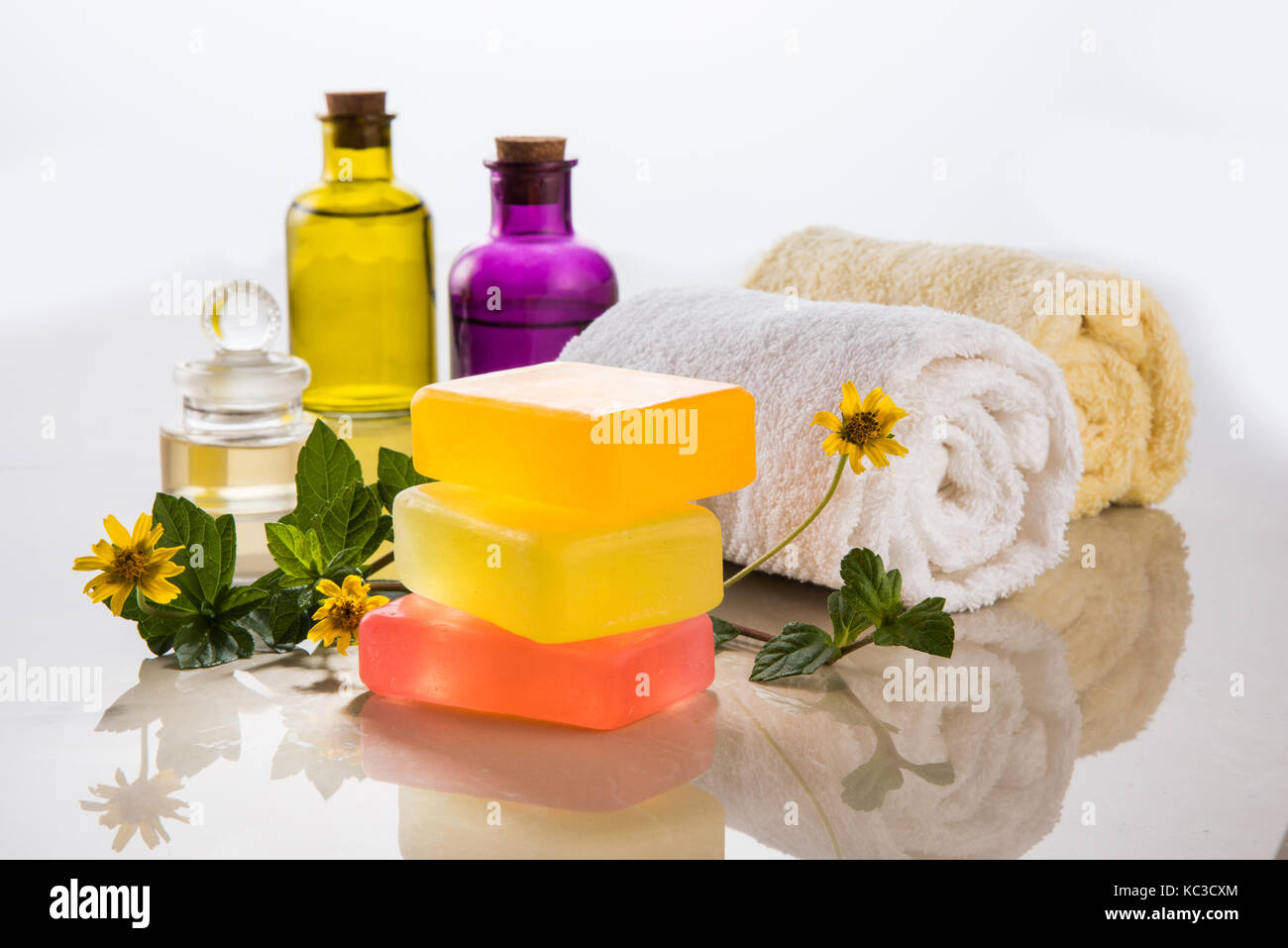 Handmade Ayurvedic Soap with bath and spa accessories. Fresh flowers