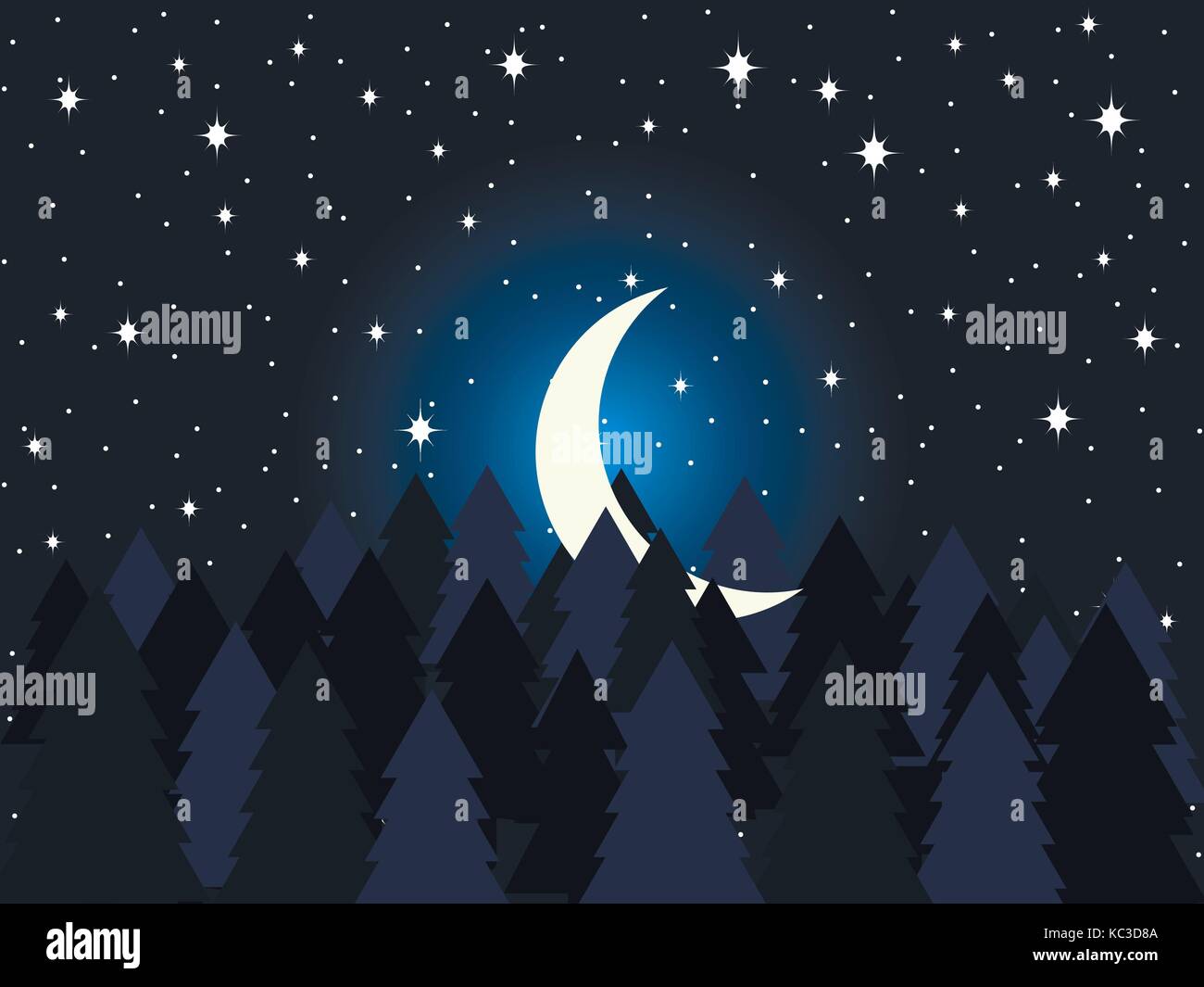 Moon in the fir trees flat. Midnight, a crescent moon in the starry sky. Spruce forest. Vector illustration Stock Vector