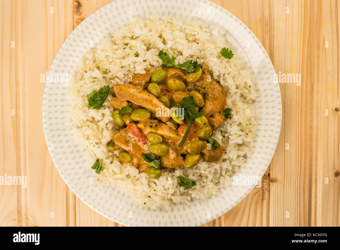 Red Thai Chicken Curry With Jasmine Rice Against a Light Pine Wood ...