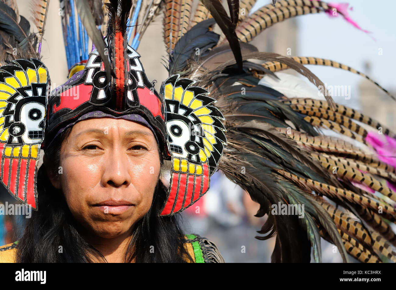MEXICO, MEXICO - FEBRUARY 16:  Portrait of the dancer performing traditional Aztec dances in the capital city of Mexico on February 16, 2013 Stock Photo
