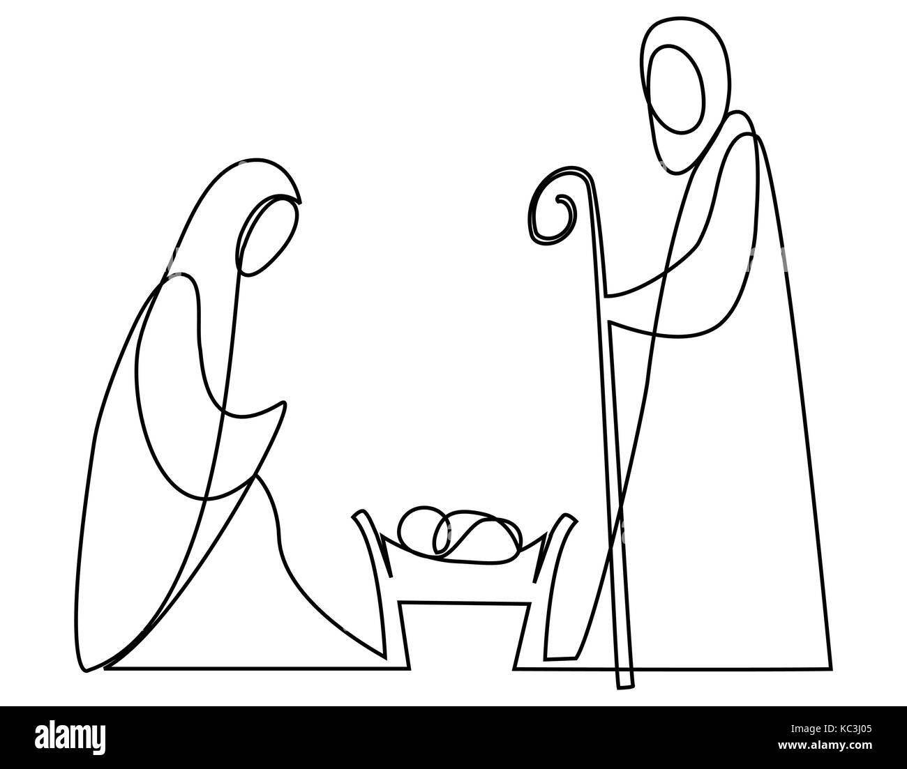 Nativity scene with Holy Family one line drawing Stock Vector Image
