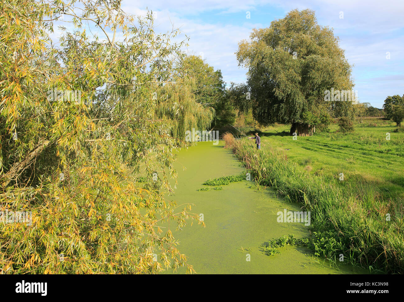 Autumn rural landscape River Deben, Ufford, Suffolk, England, UK with fisherman Stock Photo