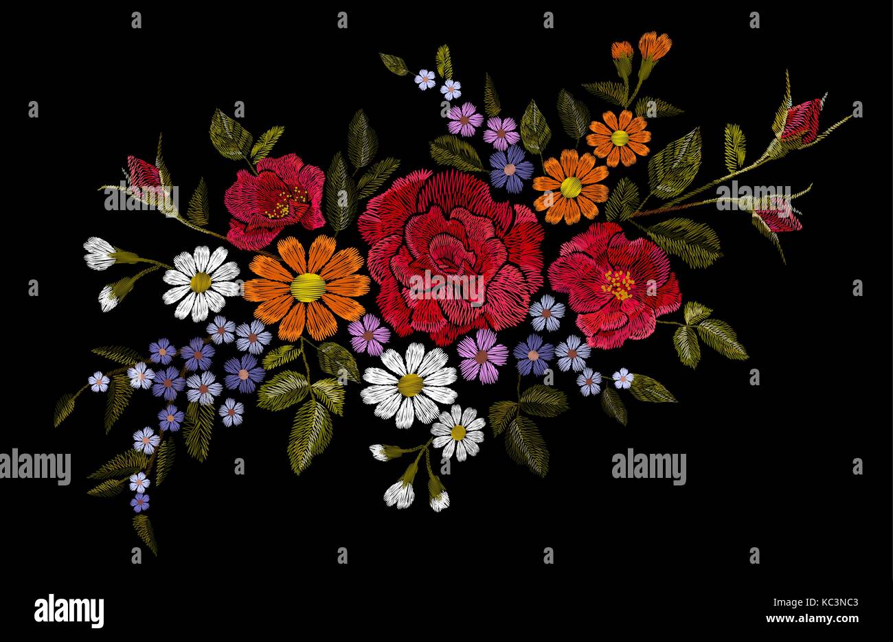 Embroidery flower rose poppy daisy gerbera herb sticker patch fashion print textile vector illustration art Stock Vector