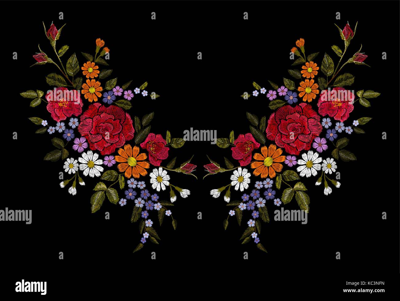 Embroidery flower rose poppy daisy gerbera herb sticker patch fashion print textile vector illustration art neckline Stock Vector