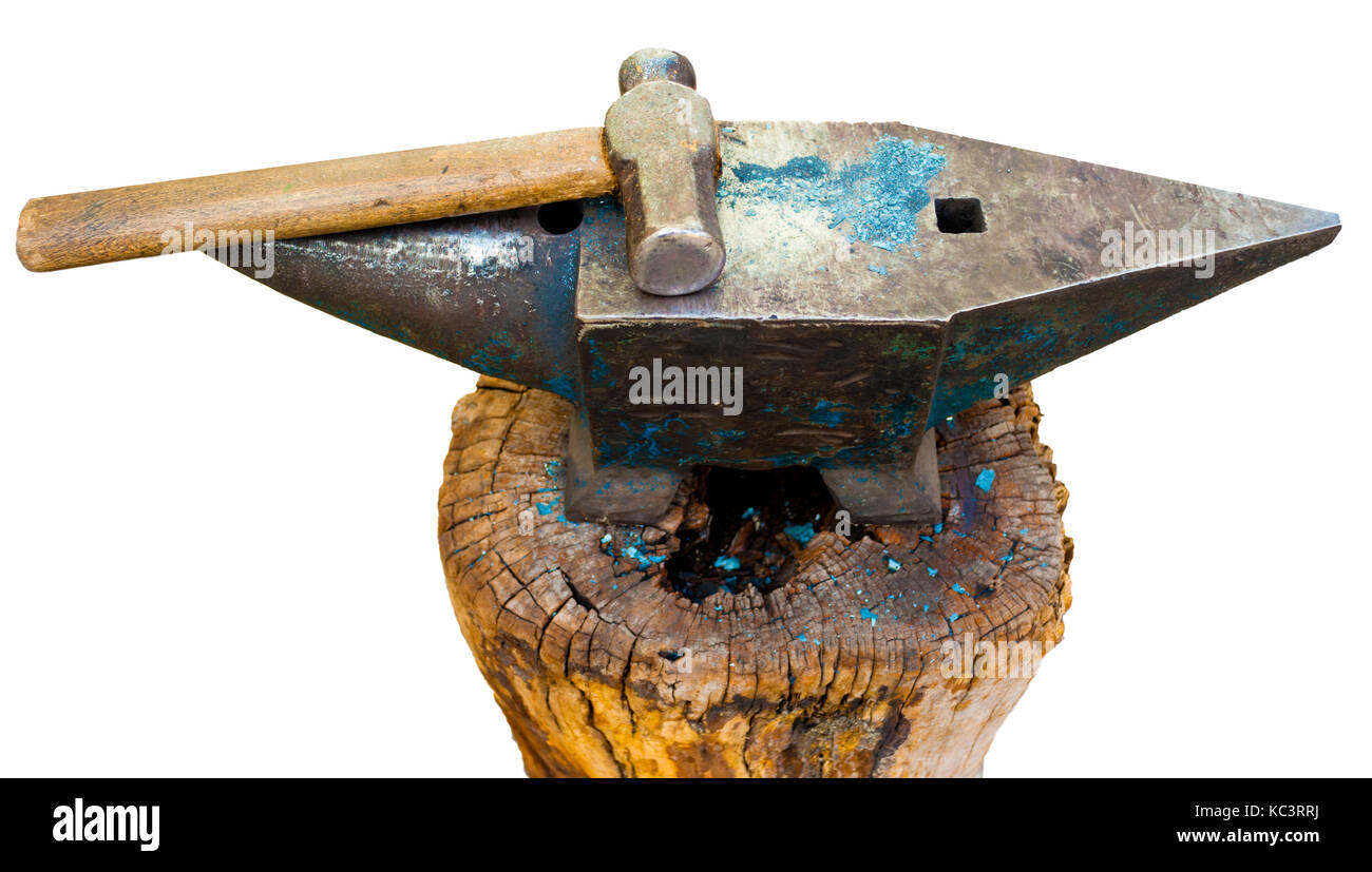 Hammer and anvil used by a blacksmith. Isolated on white, with clipping path. Stock Photo