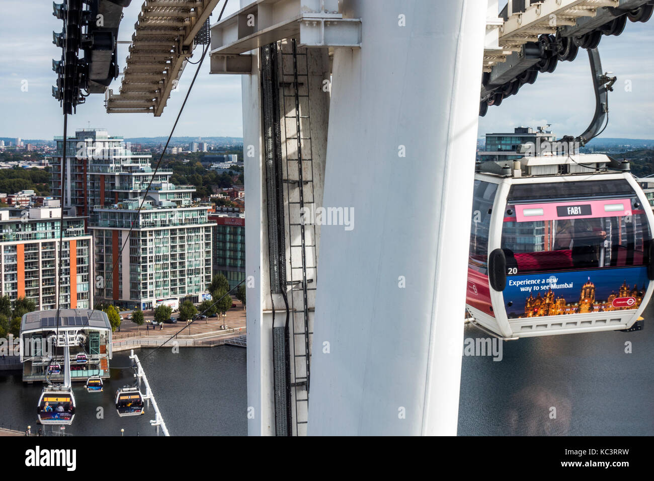 Emirates Air Line cable cars crossing the River Thames, between the ...