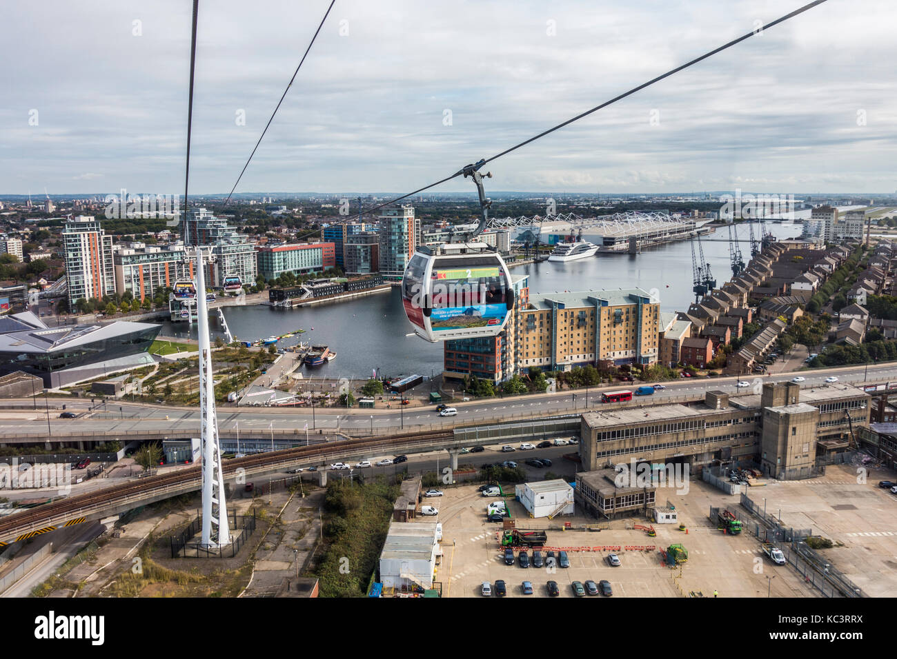 Emirates Air Line, mid-air, cable car ride across the River Thames, from Greenwich Peninsular to Royal Victoria Docks, London, England, UK. Stock Photo