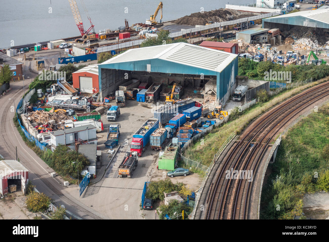 Next to the River Thames, an overhead shot of the premises of Docklands