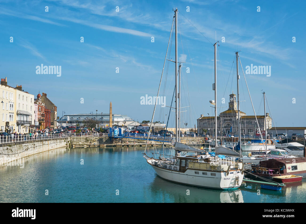 The marina at Ramsgate Harbour, Thanet, East Kent UK, with the Royal Victoria Pavilion in background Stock Photo