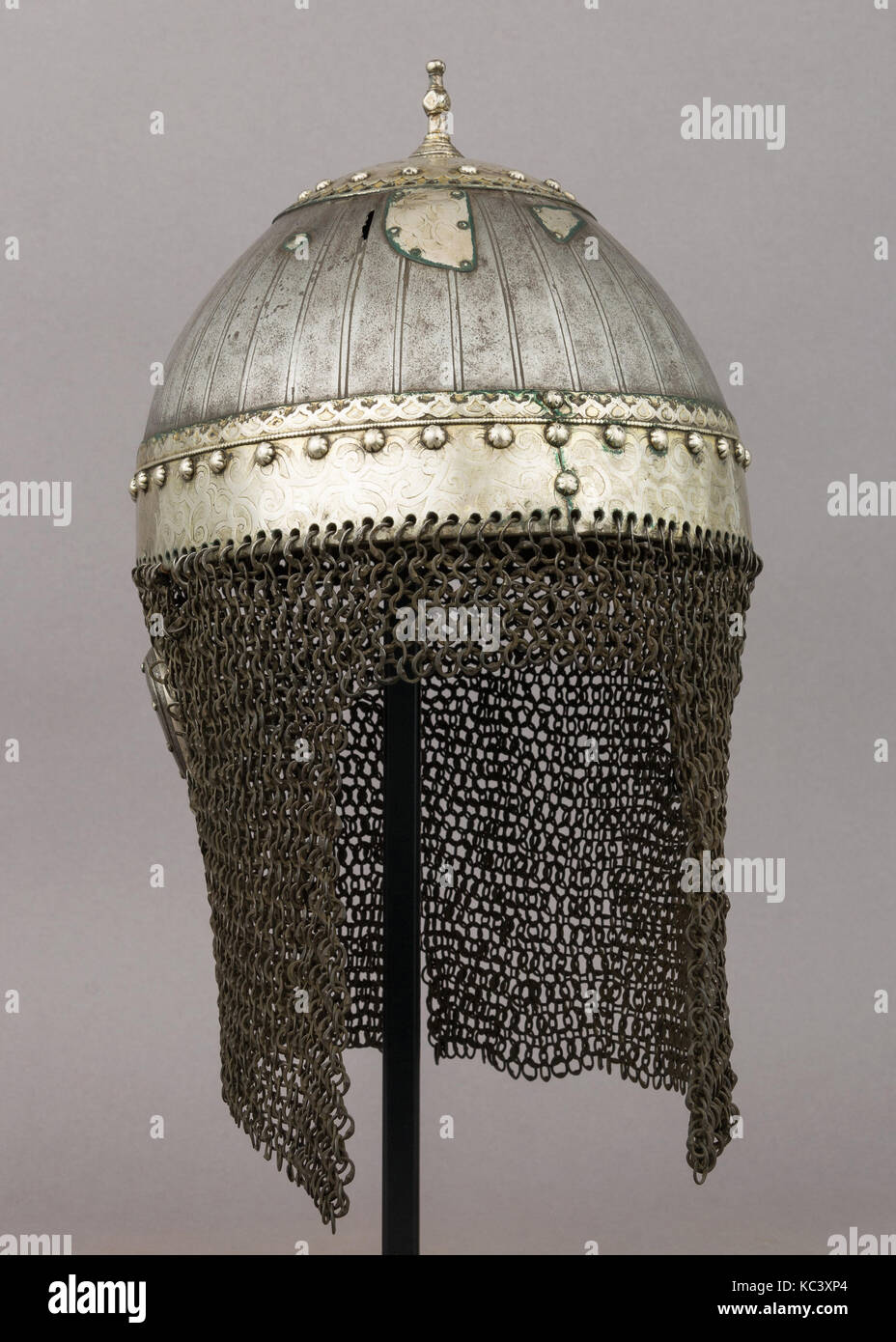 Helmet, 18th–19th century, Caucasian, Steel, silver, H. including mail 14 3/8 in. (36.5 cm); H. excluding mail 6 7/8 in. (17.5 Stock Photo