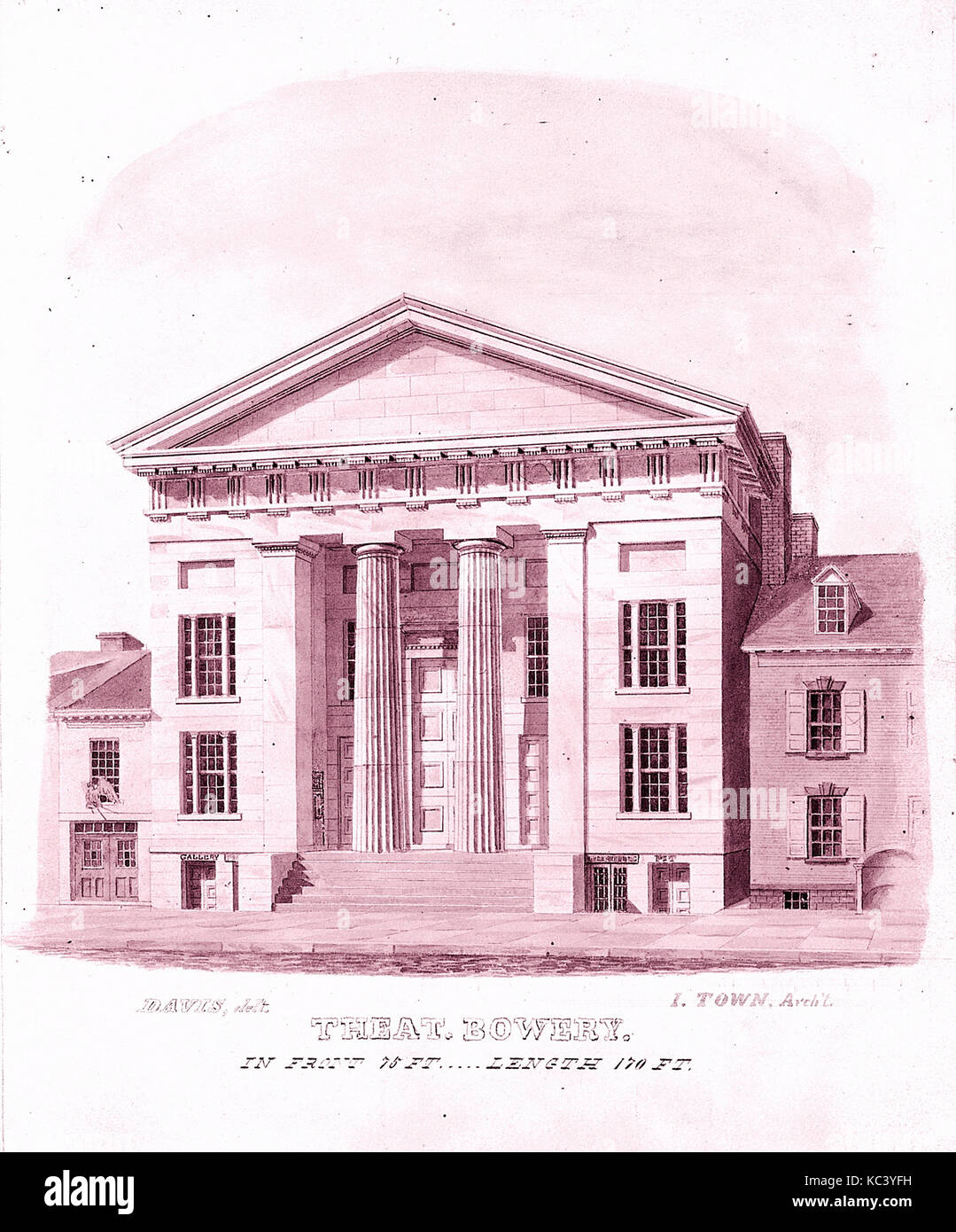 New Bowery Theatre, Elizabeth Street Facade, New York, Alexander Jackson Davis, 1828 Stock Photo