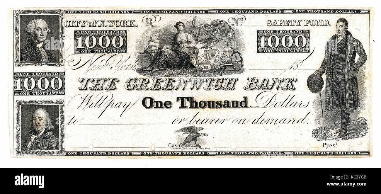 $1000 Bill for The Greenwich Bank, The City of New York, Asher Brown Durand, ca. 1828 Stock Photo