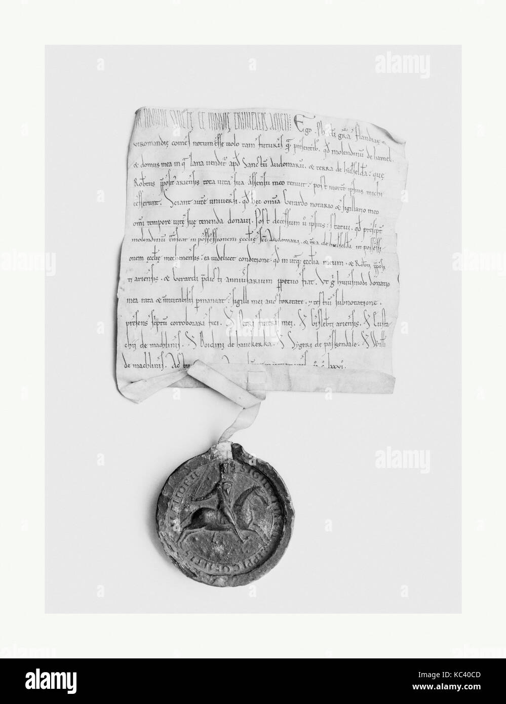 Parchment Document and Seal of Philip of Alsace, Count of Flanders (1168–91) and of Vermondois (1155–91), 1176 Stock Photo