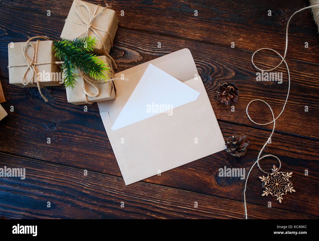 Mokcup Christmas composition of gift boxes and letter on a background and place for text Stock Photo