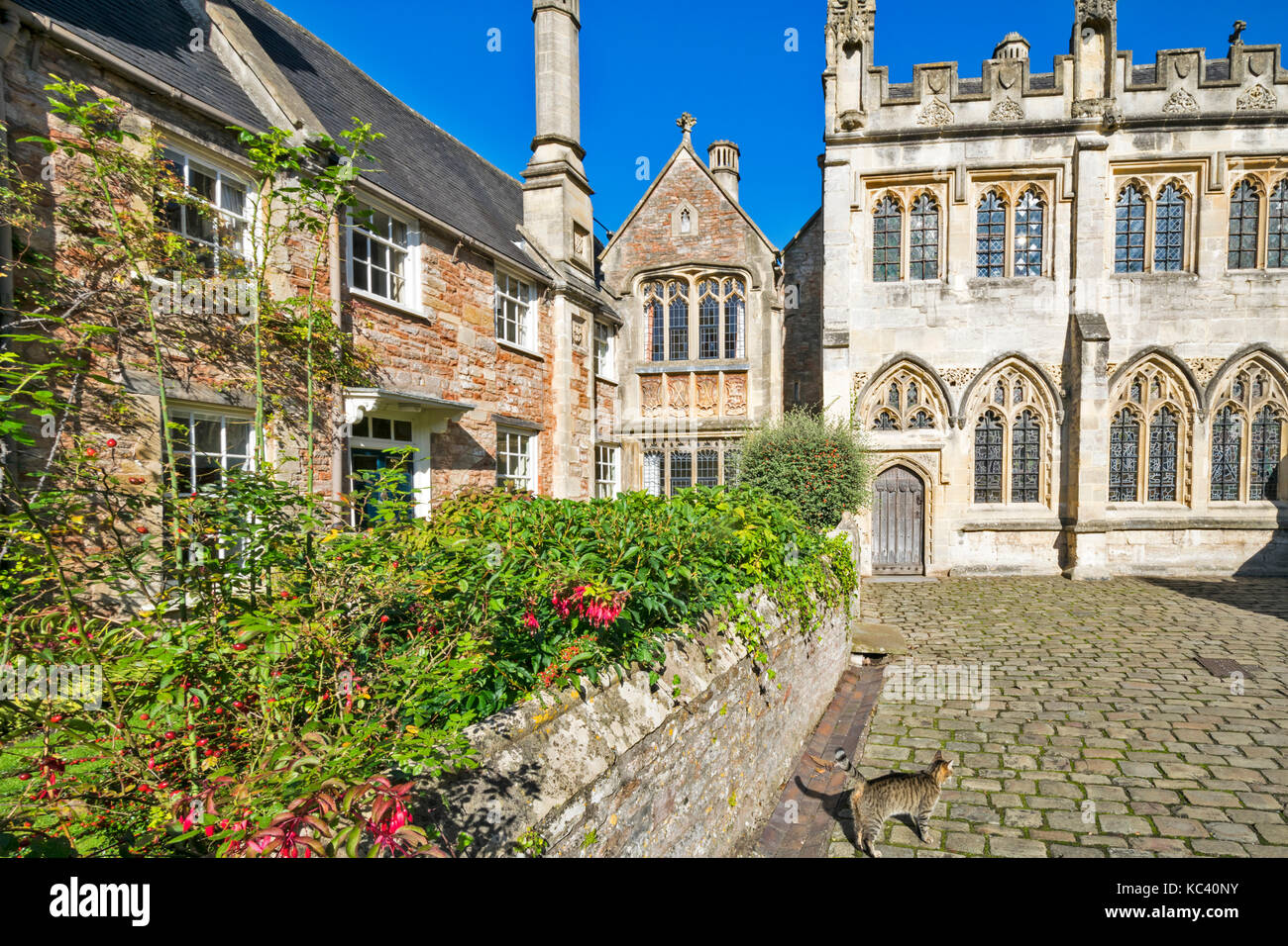 WELLS CITY SOMERSET ENGLAND CATHEDRAL VICARS CLOSE THE OLDEST MEDIEVAL RESIDENTIAL STREET IN EUROPE AND THE VICARS CHAPEL AND LIBRARY Stock Photo