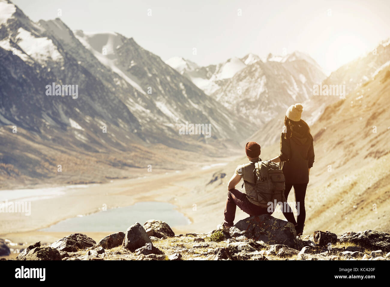 Couple trekking travel mountains concept Stock Photo