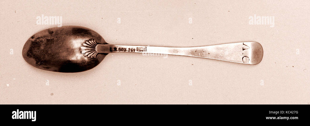 Spoon, 1740–50, American, Silver, L. 4 in. (10.2 cm), Silver, Marked by B. T Stock Photo