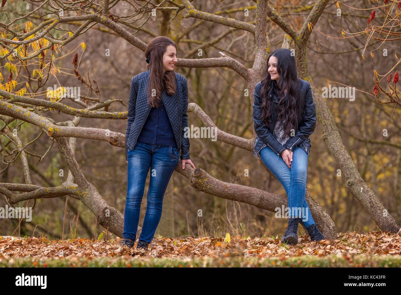 Two laughing girl talking outdoors in autumn park Stock Photo