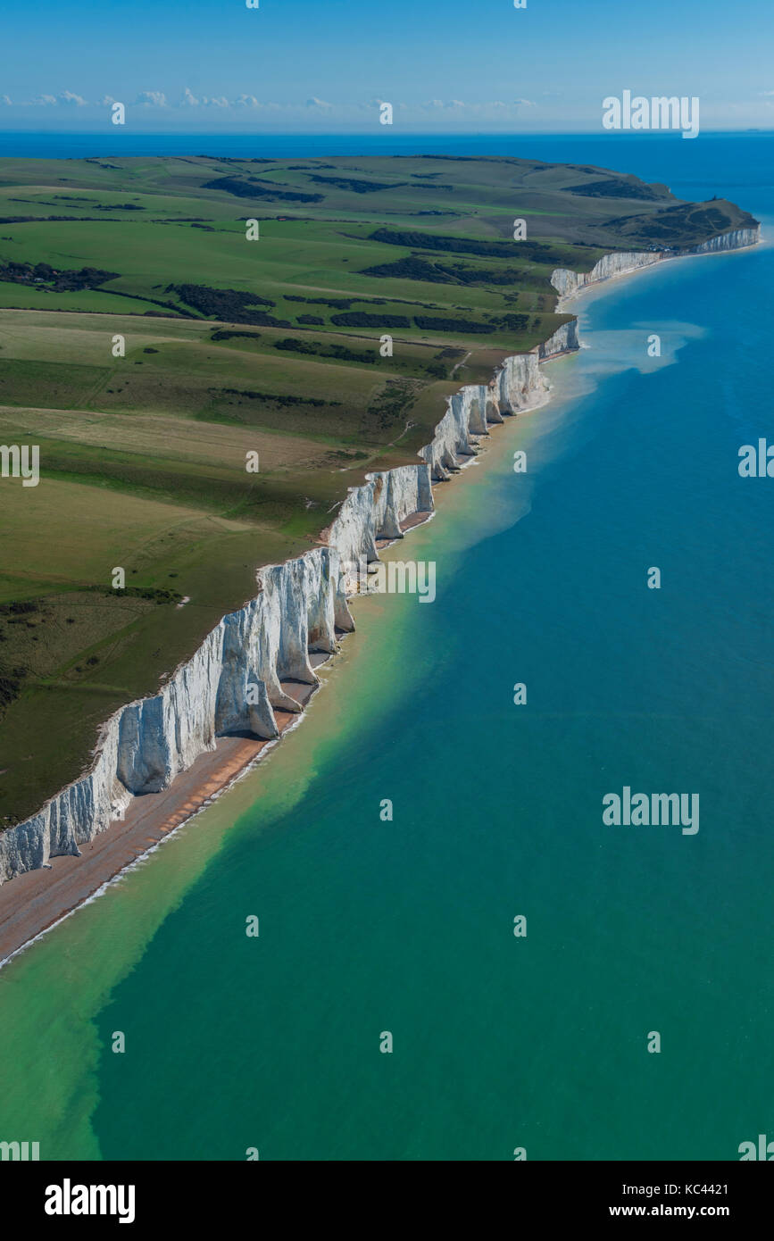 Aerial views of Beachy Head and the white chalk cliffs, on the UK's
