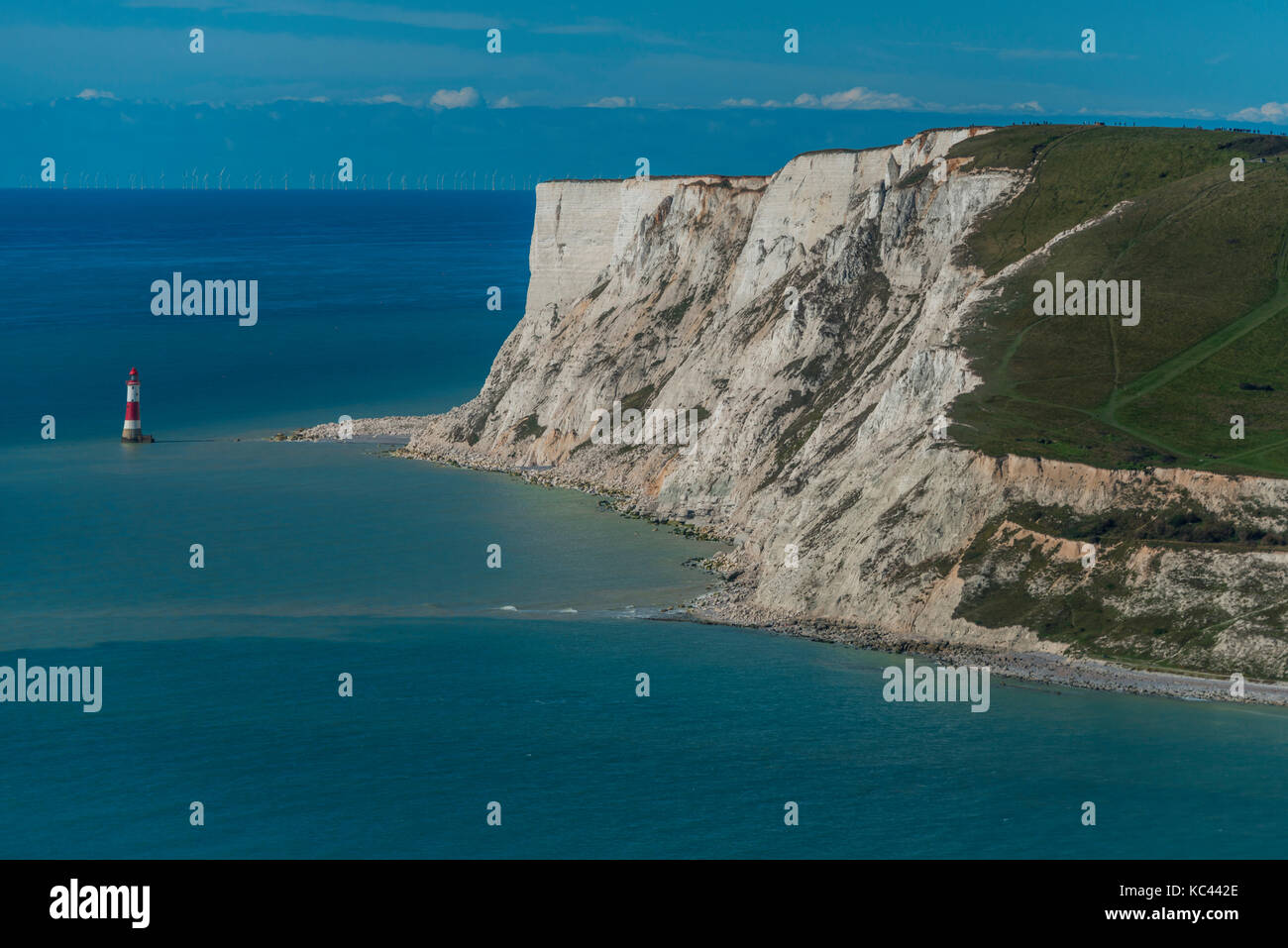 Aerial views of Beachy Head and the white chalk cliffs, on the UK's south coast. Stock Photo