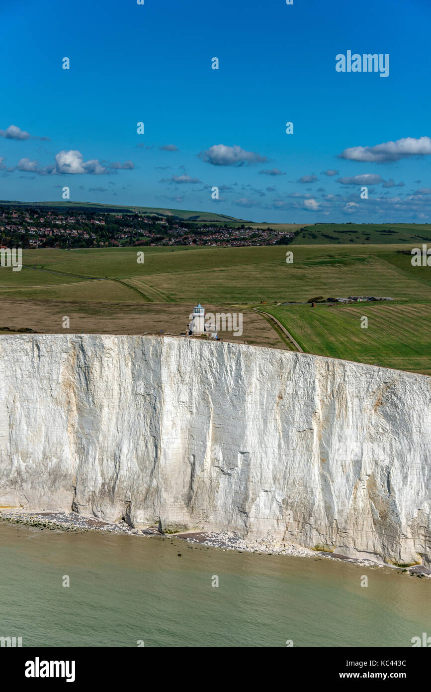 Aerial views of Beachy Head and the white chalk cliffs, on the UK's