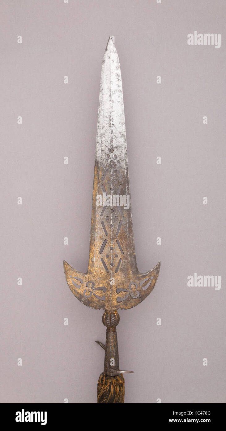 Partisan, 17th century, British, Steel, wood (ash), gold, textile, L. 9 ft. 1 in. (276.9 cm); L. of head 23 3/8 in. (59.4 cm Stock Photo