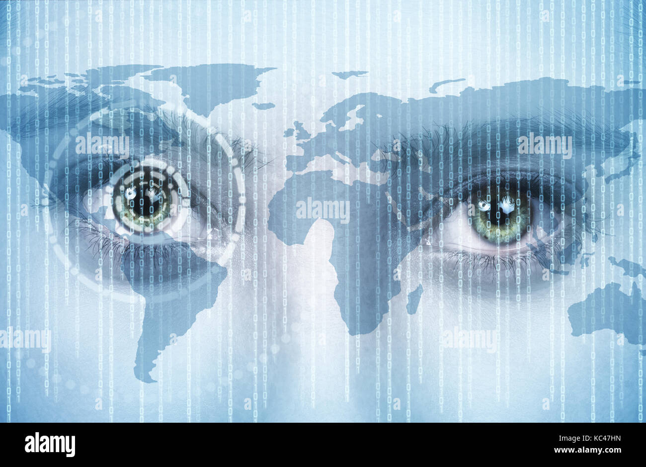 eye of young women with technology and earth map Stock Photo