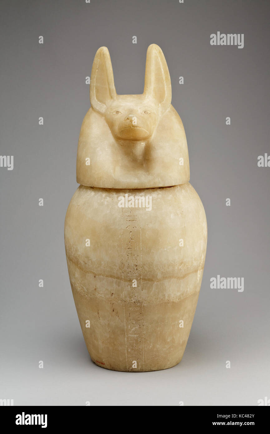 Canopic jar with a jackal-headed lid, Late Period, Saite, Dynasty 26, 664–525 B.C., Possibly from Upper Egypt, Thebes Stock Photo