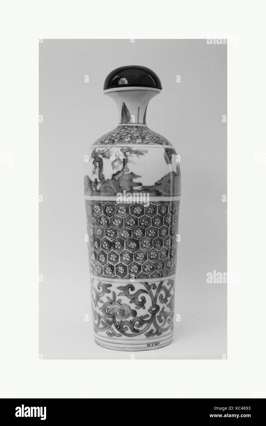 Bottle, 1650, Japan, White porcelain decorated with blue under the glaze, stopper of black lacquer (Arita ware, Imari type), H Stock Photo