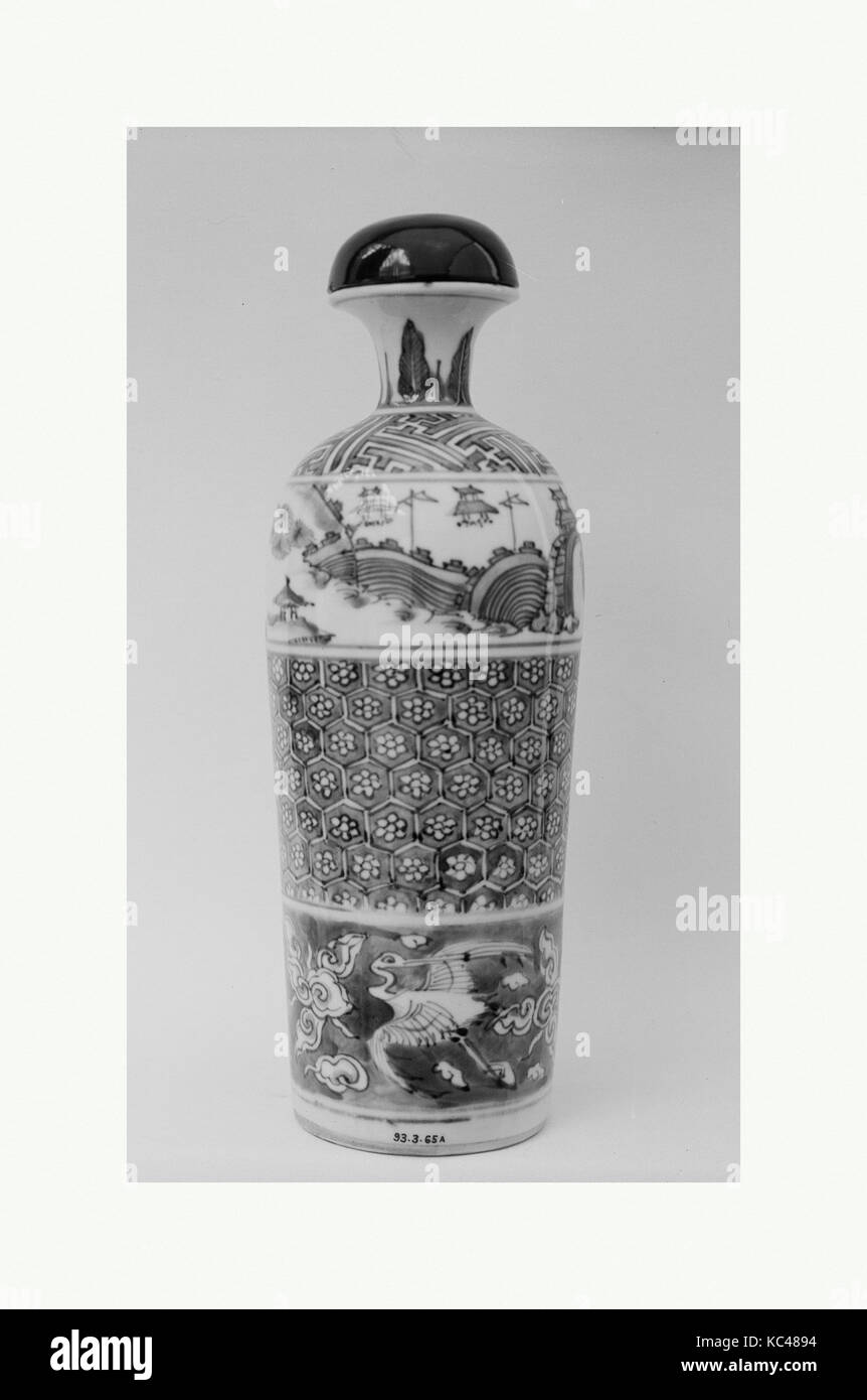 Bottle, 1650, Japan, White porcelain decorated with blue under the glaze, stopper of black lacquer (Arita ware, Imari type), H Stock Photo