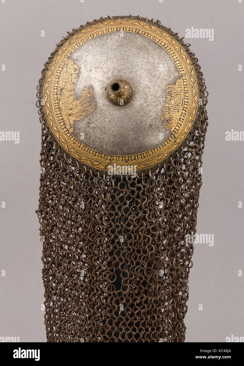 Helmet, 18th century, Indian, Steel, gold, H. including mail 24 3/4 in. (62.9 cm); H. excluding mail 3 5/8 in. (9.2 cm); Diam. 5 Stock Photo
