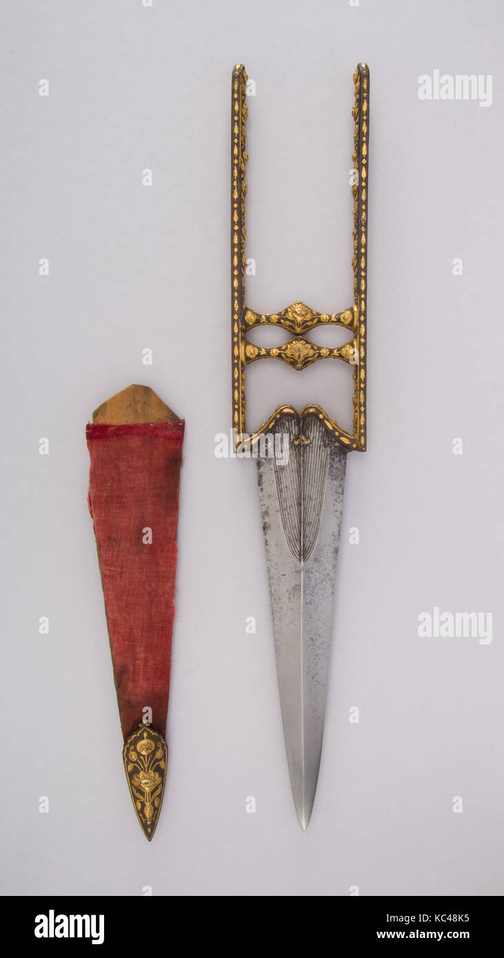 Dagger (Katar) with Sheath, 17th century, Indian, Mughal, Iron, gold, steel, diamond, velvet, wood, L. with sheath 22 5/16 in Stock Photo