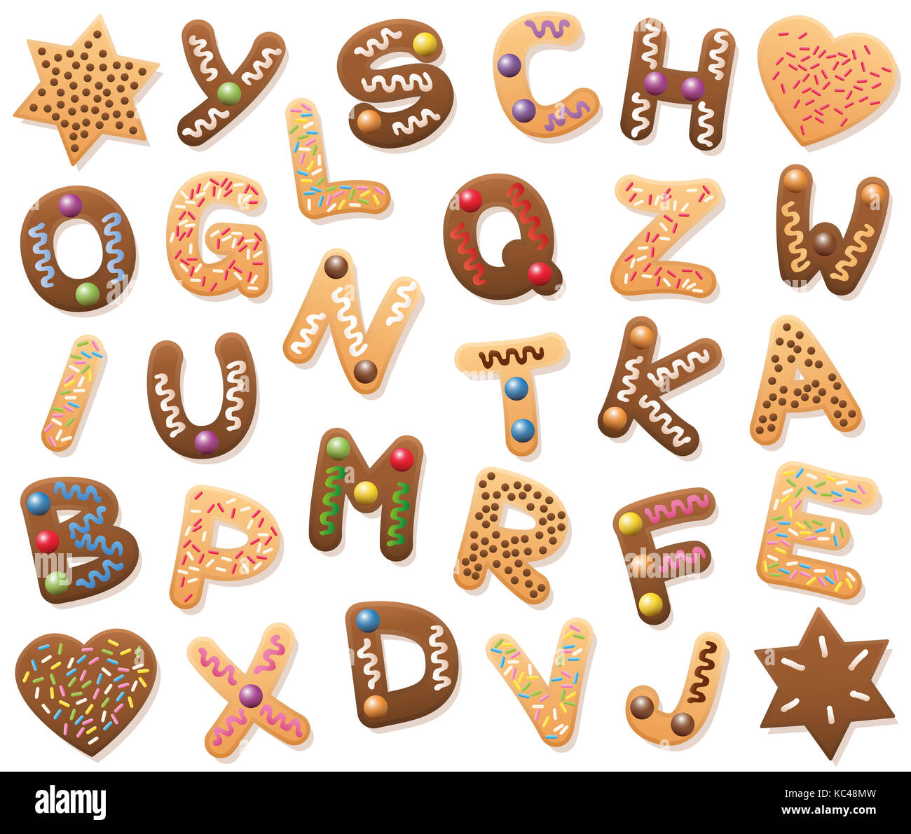 Christmas cookies ABC - loosely arranged. Find all letters of the alphabet, or bring the mixed up letters in the right order from A to Z. Educational Stock Photo