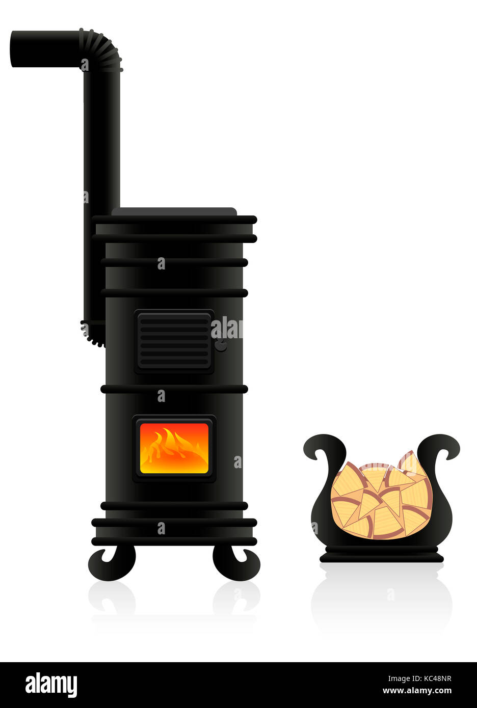 Potbelly stove - antique cast iron stove with flames at the viewing window, plus vessel for firewood. Illustration on white background. Stock Photo