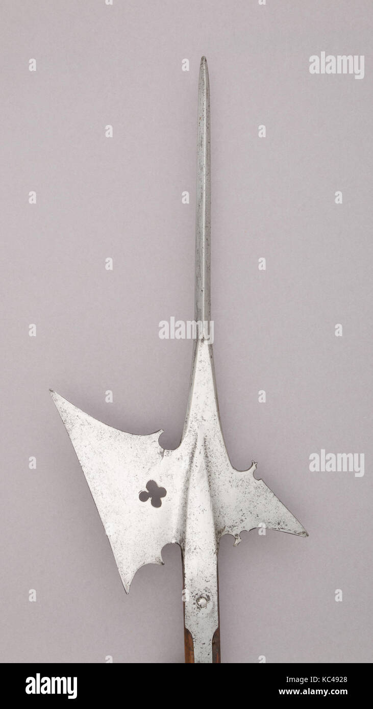 Halberd, early 16th century, German, Steel, wood (ash), L. 76 5/8 in. (194.7 cm); L. of head 22 in. (55.9 cm); W. 10 in. (25.4 Stock Photo