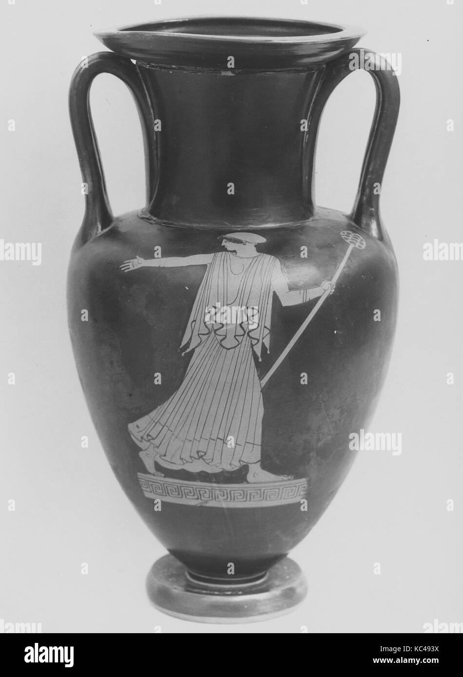 Terracotta Nolan neck-amphora (jar), Classical, ca. 480 B.C., Greek, Attic, Terracotta; red-figure, H.: 13 1/8 x 7 1/4 in. (33.3 Stock Photo