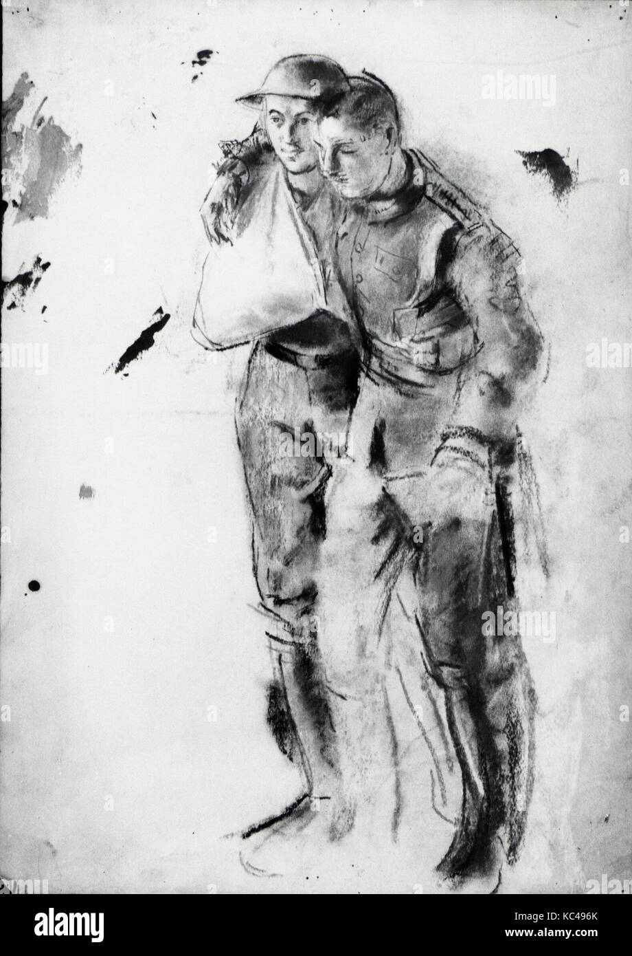 Two wounded soldiers, Graphite on paper, H. 213/4, W. 15 inches