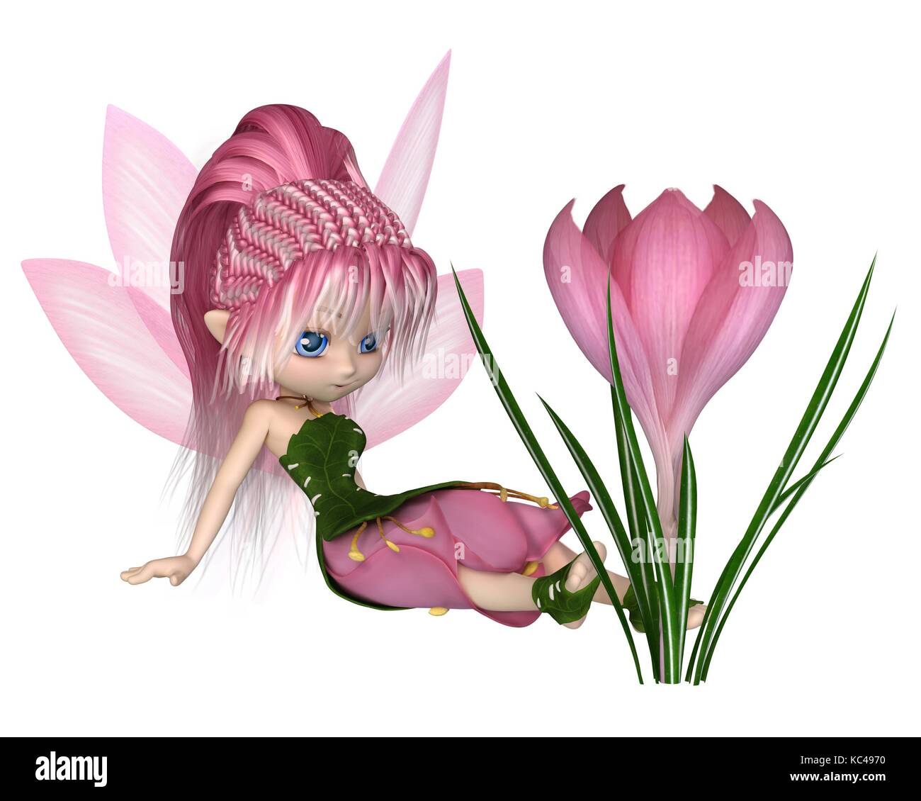 Cute Toon Pink Crocus Fairy, Sitting by a Flower Stock Photo - Alamy