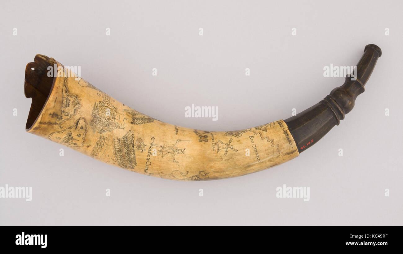 Powder Horn, ca. 1759, American, Horn, wood, L. 14 1/2 in. (36.8 cm); Diam. 3 1/4 in. (8.3 cm); Wt. 1 lb. 0.8 oz. (476.3 g Stock Photo