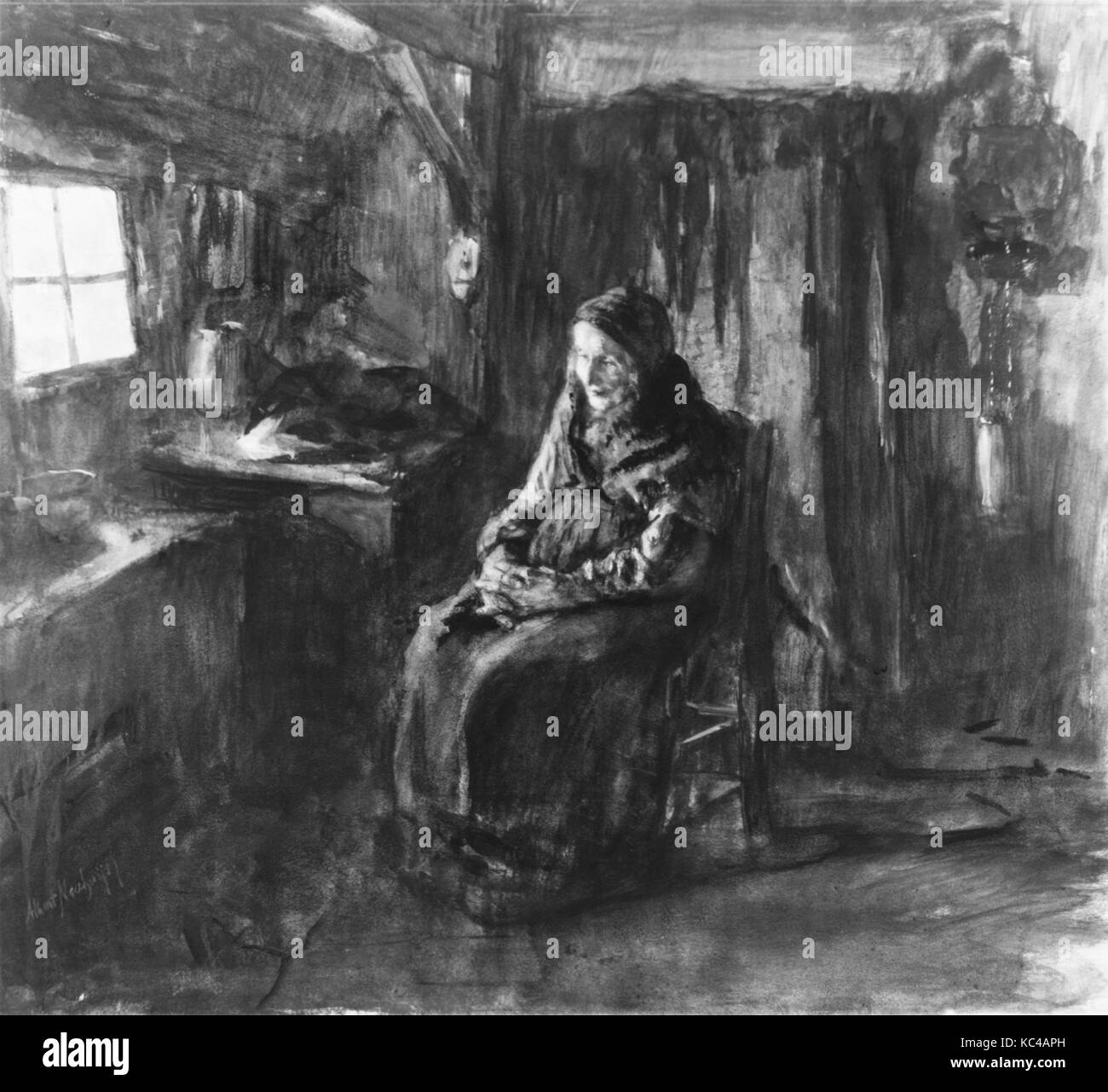 Dutch Interior with Figure of Old Woman, Albert Neuhuys, mid-19th–early 20th century Stock Photo