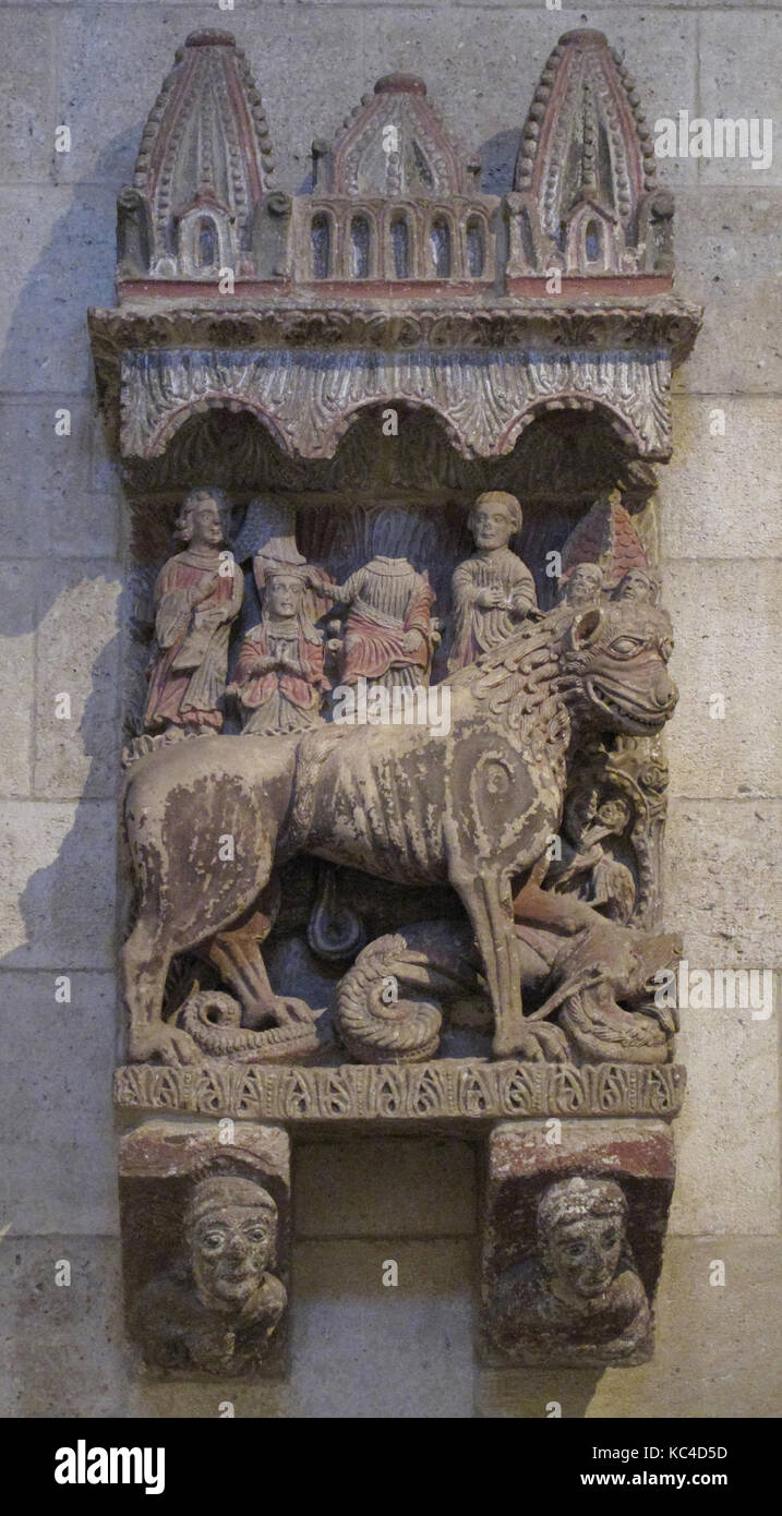 Lion Relief, ca. 1200, Made in Zamora, Castile-León, Spain, Spanish, Sandstone, polychromy, Overall: 84 x 36 in. (213.4 x 91.4 Stock Photo