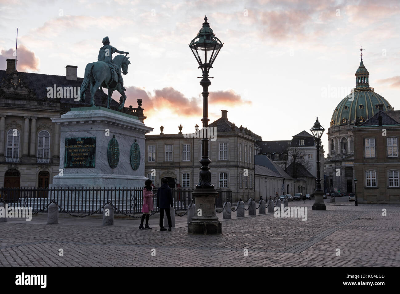 Amalienborg in Copenhagen, Denmark, is the residence of the Danish Royal family with four identical palaces surrounding a large octagonal square. In i Stock Photo