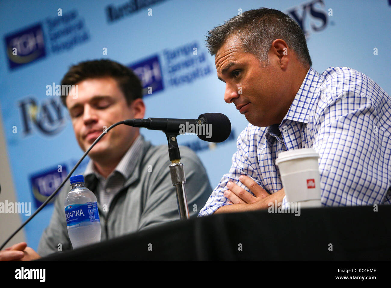 St. Petersburg, Florida, USA. 2nd Oct, 2017. WILL VRAGOVIC | Times.Tampa Bay Rays manager Kevin Cash answers questions during a press conference at Tropicana Field in St. Petersburg, Fla. on Monday, Oct. 2, 2017. Credit: Will Vragovic/Tampa Bay Times/ZUMA Wire/Alamy Live News Stock Photo