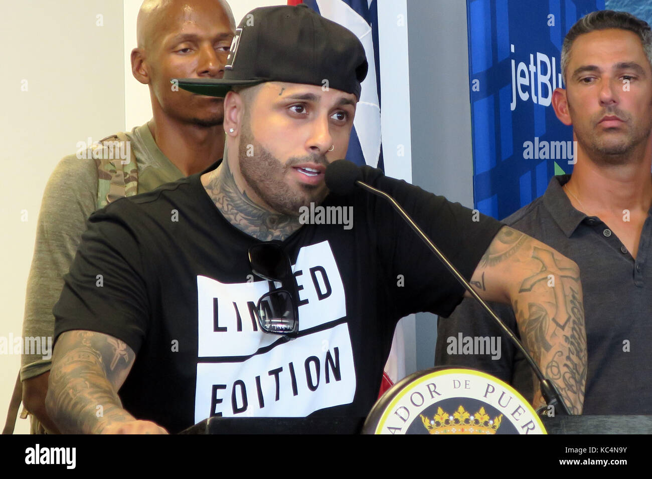 San Juan Puerto Rico 02nd Oct 2017 Us Puerto Rican Singer Nicky Jam Delivers A Press Conference At The Luis Munoz Marin International Airport In San Juan Puerto Rico 02 October 2017 Ricky