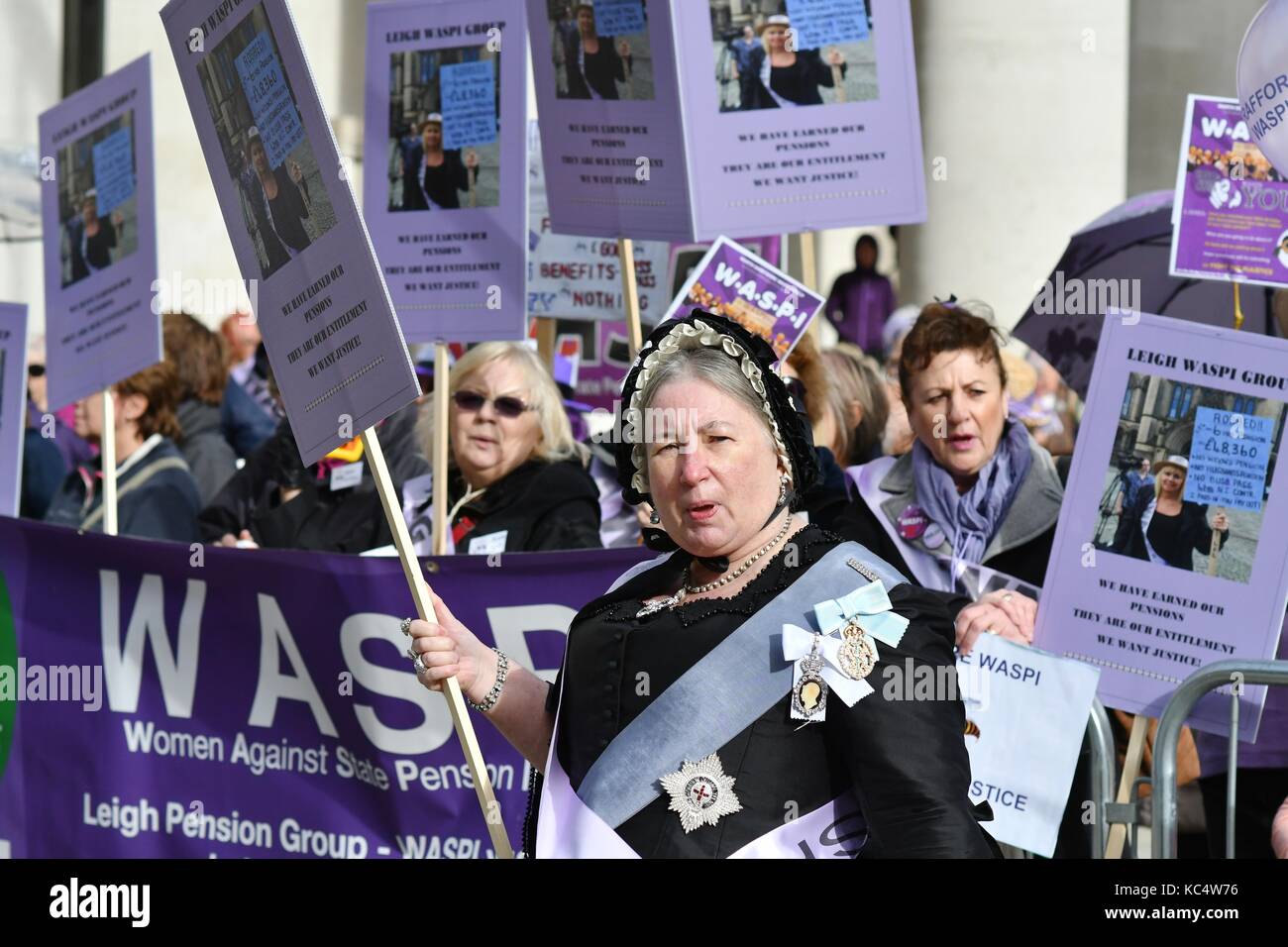 Manchester  UK  3rd October 2017 A group of mainly women are protesting outside the Conservative Party Conference being held in Manchester against the delay in women receiving the state pension at a later age. Many who were expecting to receive it at aged 60 and had made plans on this basis are having to wait until they are 66. They have chosen today to protest, as pensions in on today's agenda at the Conference. They have come from all over the country because of their sense of feeling over the injustice. Credit: John Fryer/Alamy Live News Stock Photo