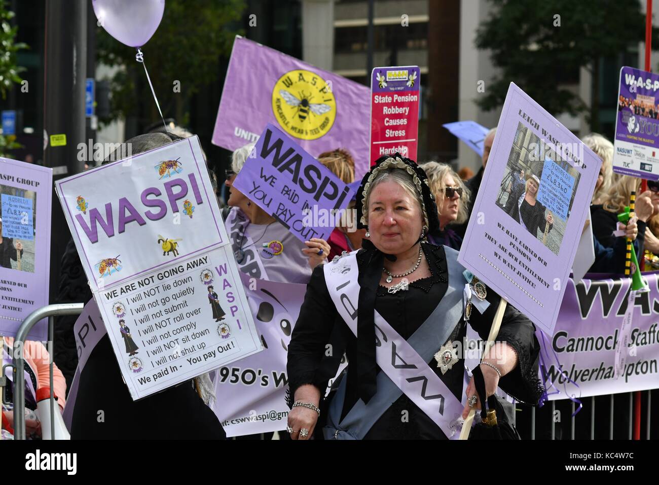 Manchester  UK  3rd October 2017 A group of mainly women are protesting outside the Conservative Party Conference being held in Manchester against the delay in women receiving the state pension at a later age. Many who were expecting to receive it at aged 60 and had made plans on this basis are having to wait until they are 66. They have chosen today to protest, as pensions in on today's agenda at the Conference. They have come from all over the country because of their sense of feeling over the injustice. Credit: John Fryer/Alamy Live News Stock Photo