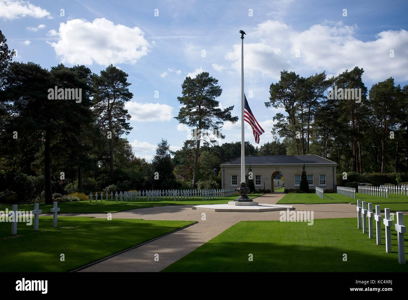 American Battle Monuments Great War Cemetery UK where by Presidential decree the flag of the United States is flown at half-mast in solidarity with the victims of the Las Vegas shooting. Stock Photo