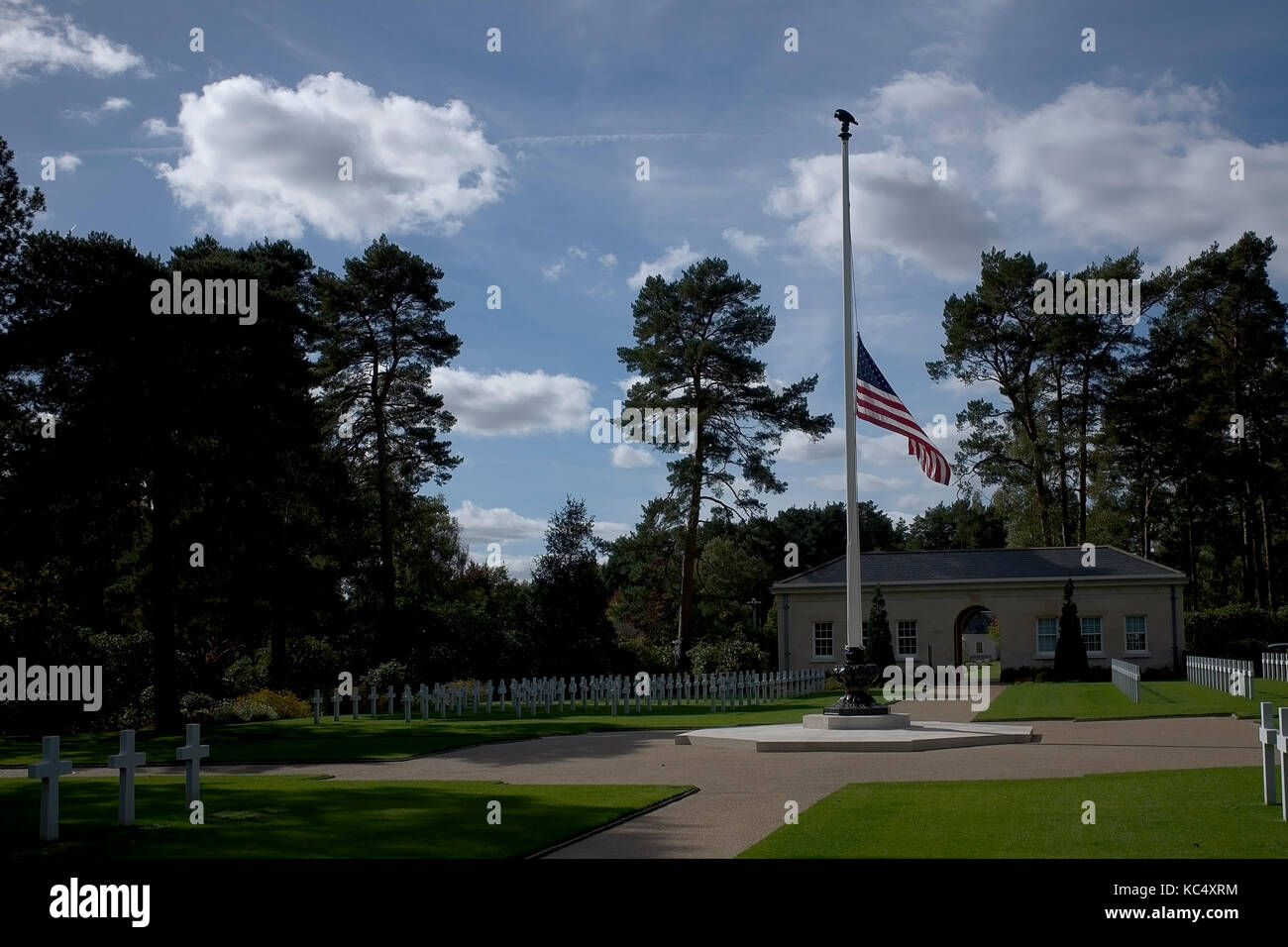 American Battle Monuments Great War Cemetery UK where by Presidential decree the flag of the United States is flown at half-mast in solidarity with the victims of the Las Vegas shooting. Stock Photo