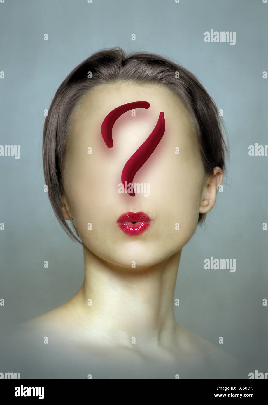 A faceless woman with a question mark instead of facial features as a question of identity Stock Photo