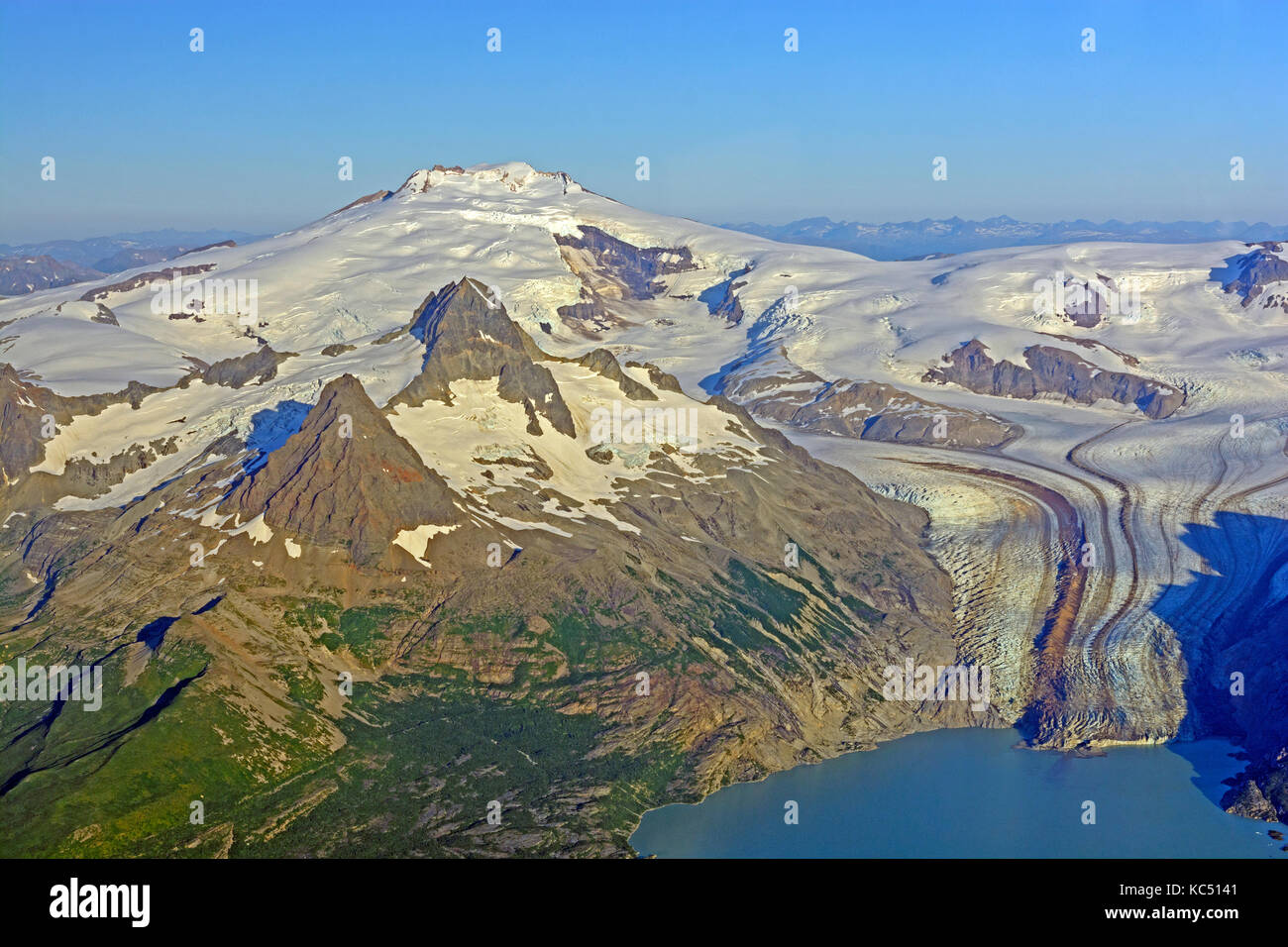 Aerial View of Fourpeaked Mountain and Glacier on the Alaska Peninsula Stock Photo
